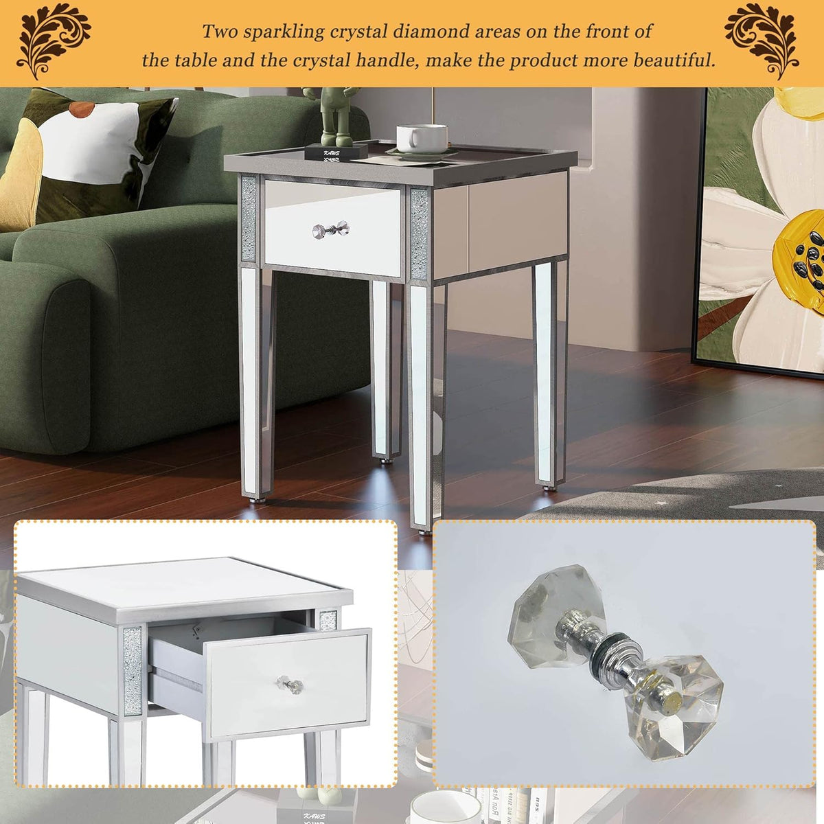 Silver Glass Mirrored End Table with Drawer B939