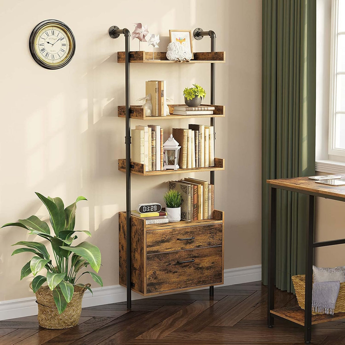 Industrial Bookshelf with 2 Wood Drawers, Wall Mounted 3-Tier Bookcase, Rustic Brown C9893