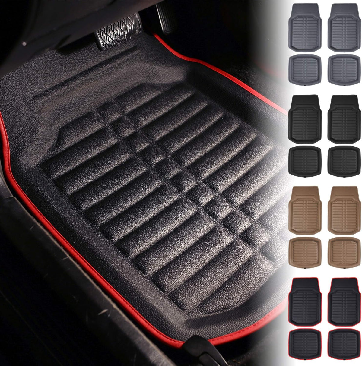 Red Black Deep Tray Style Automotive Floor Mats 4 Piece Q648366