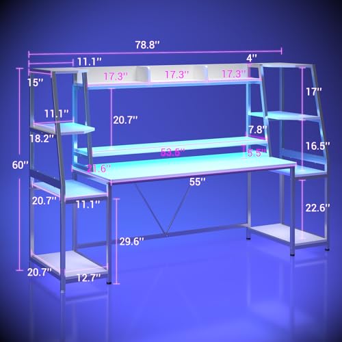 78.8'' Black Gaming Desk with LED Lights, Hutch and Storage Shelves V5226