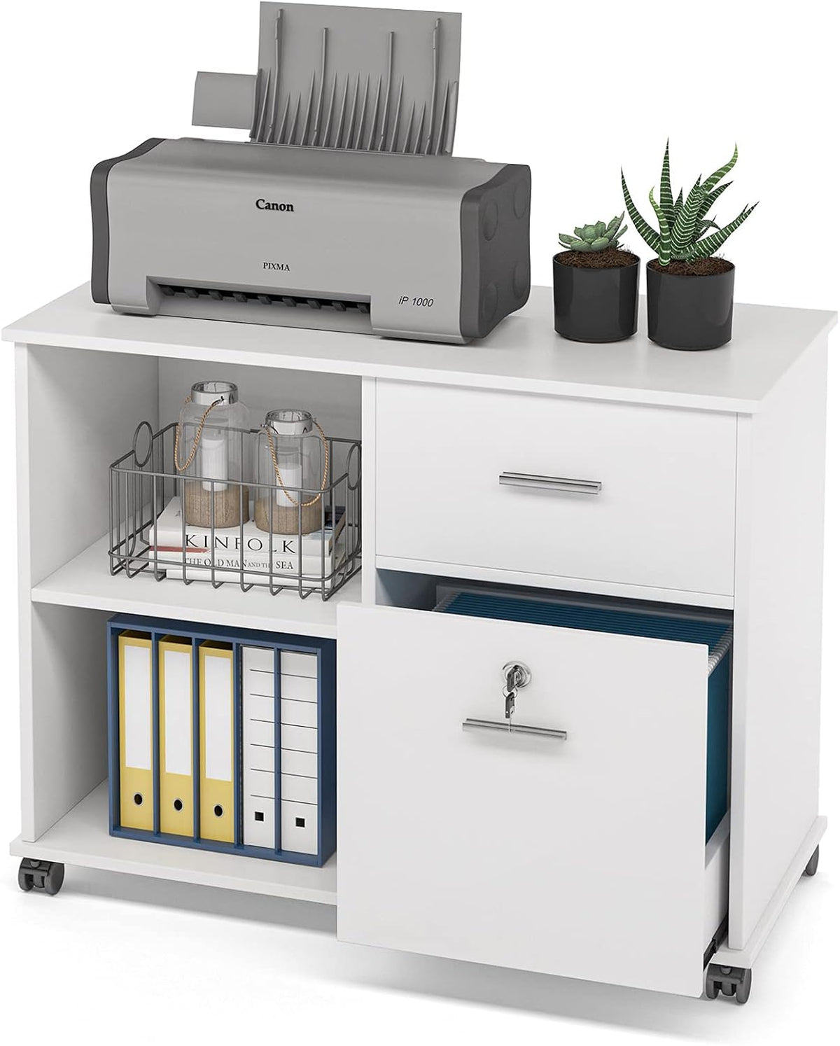 2 Drawer White Mobile File Cabinet with Lock and Shelves F8225