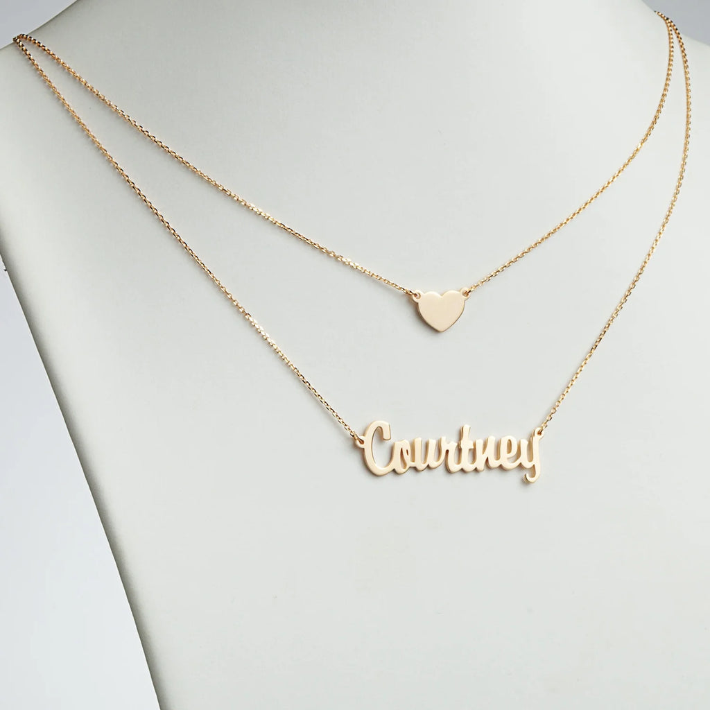 Sterling Silver Script Nameplate and Heart Layered Double Necklace C292675