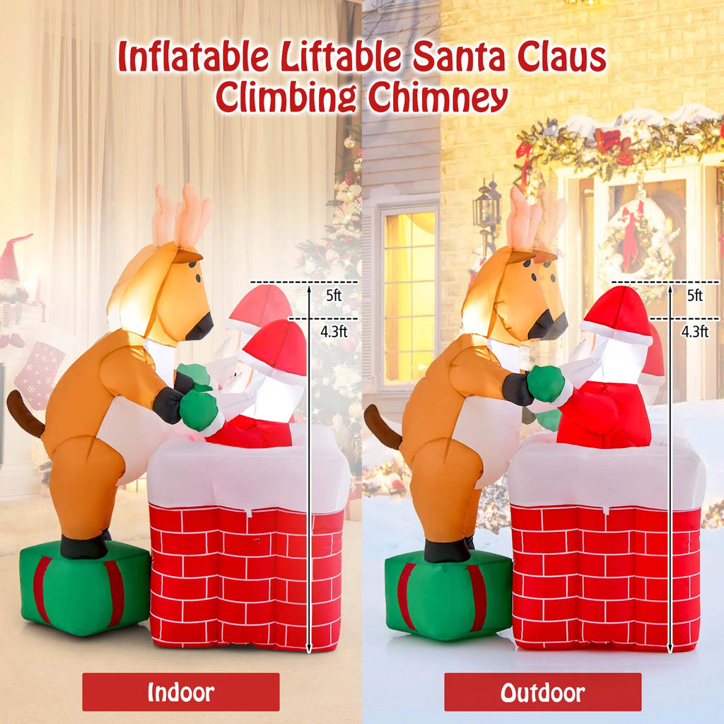 5 FT Christmas Inflatable Santa Claus Climbing Chimney Reindeer B19970