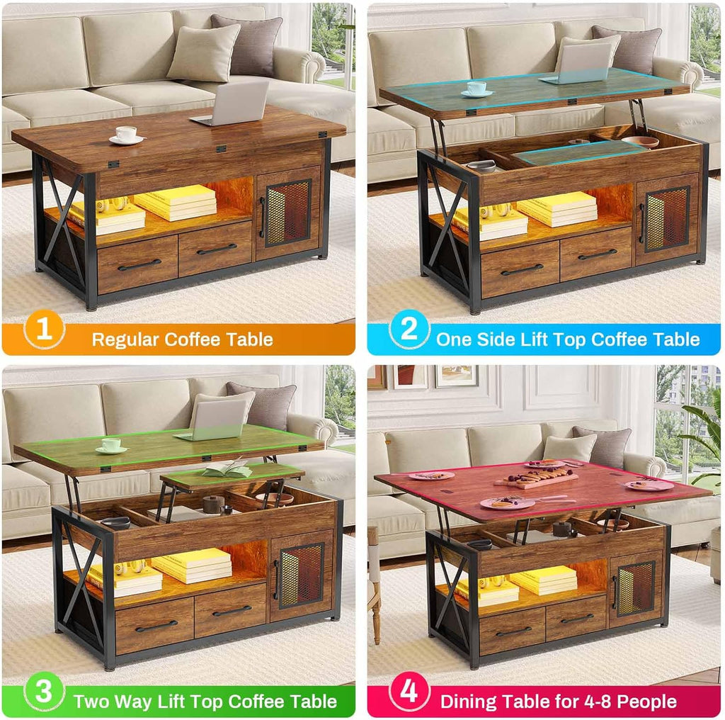 Rustic Brown 40" Lift Top Coffee Table with Storage Cabinet and 2 Fabric Drawers U382