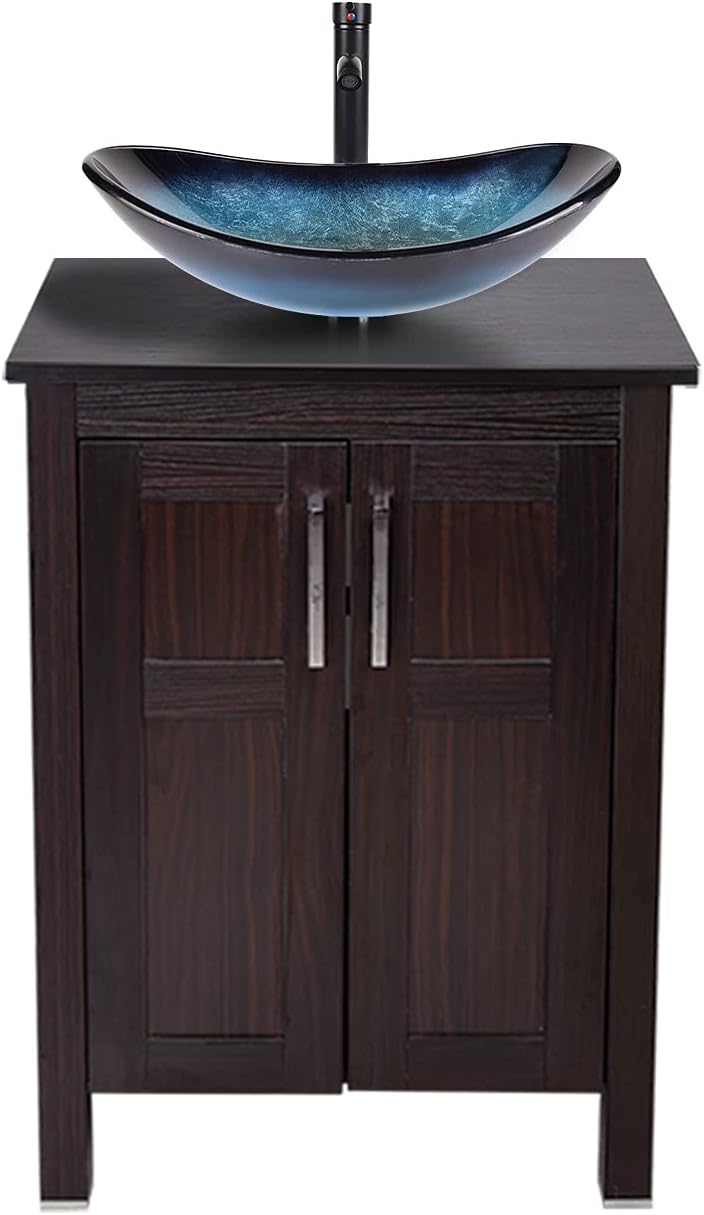 Dark Coffee 24 Inches Single Bathroom Vanity with 2-Door Cabinet and Tempered Glass Sink Top D63213