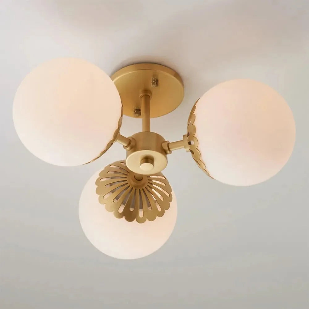Modern Gold 3-Light Semi Flush Mount Light with White Round Glass Globe Shade J68329