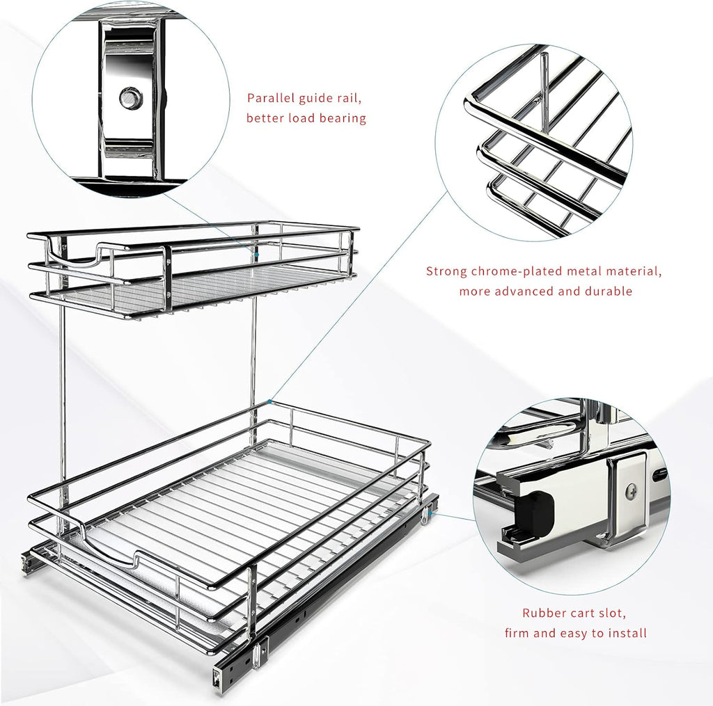 Under Sink Cabinet Organizer with 2 Tier Pull Out Sliding Shelf, 12.2Wx18.1Dx14.5H-Inch - Silver Z78391