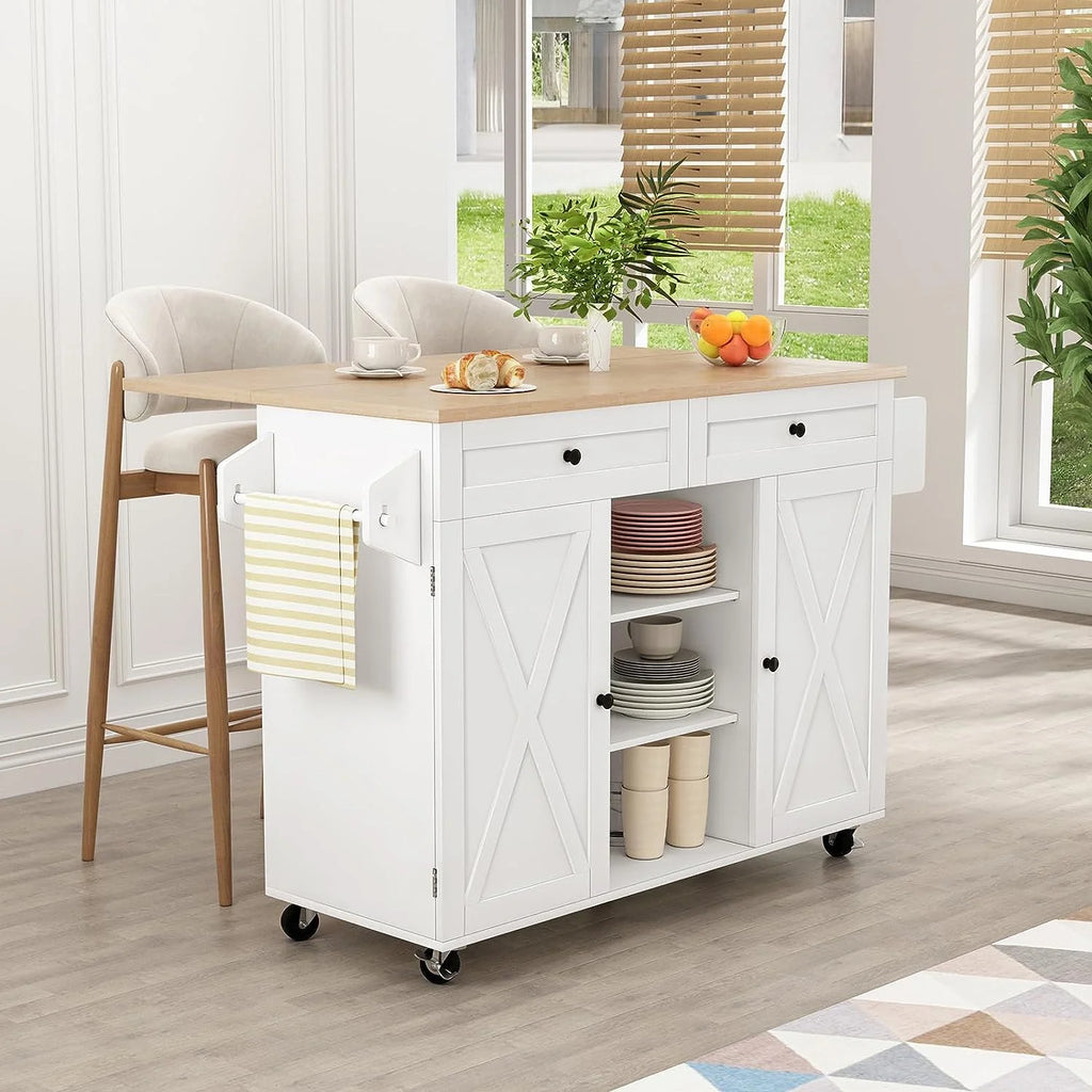 White Kitchen Island with Storage and Drop Leaf I29460