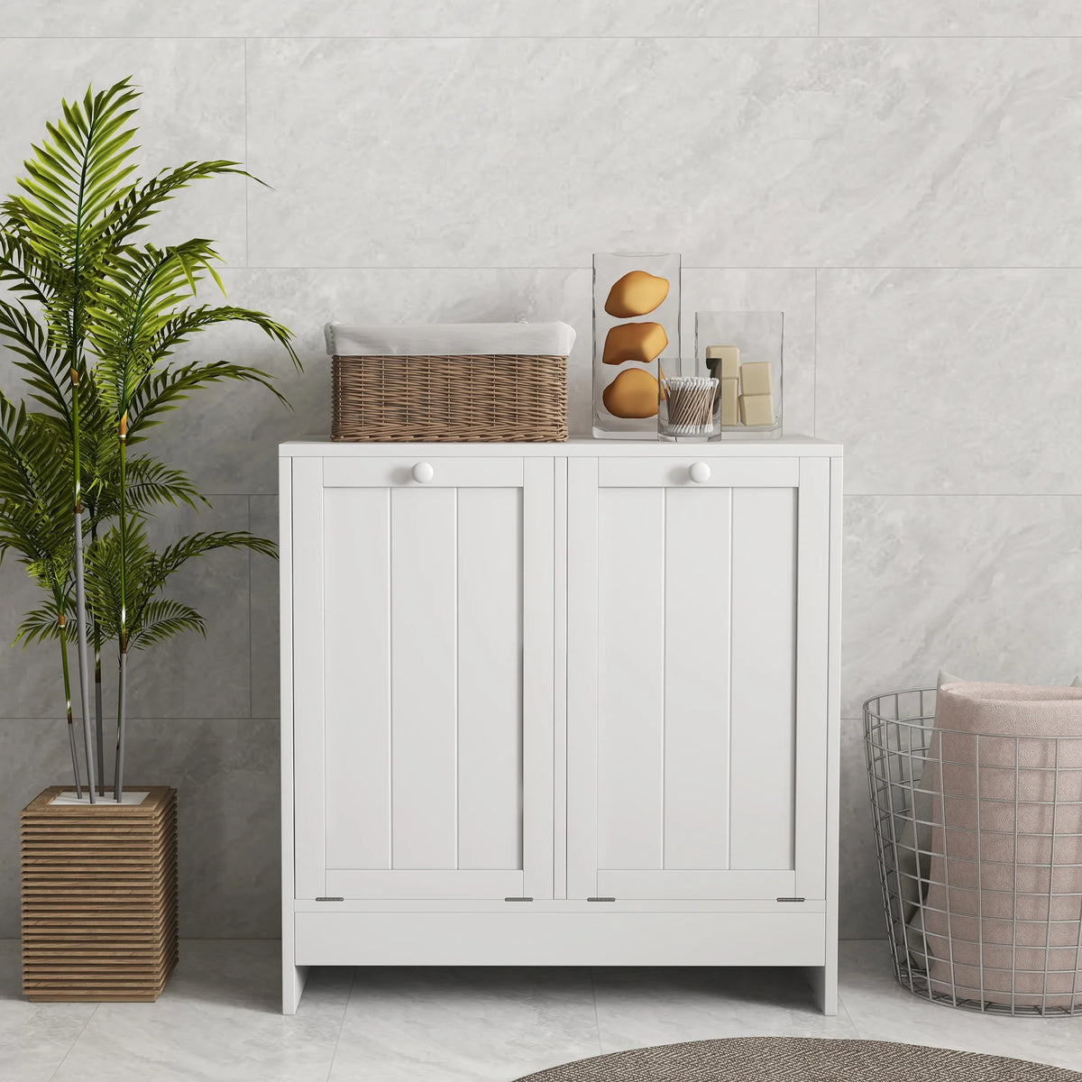 White Tilt-out Laundry Cabinet with 2 Hamper Compartments Z219175