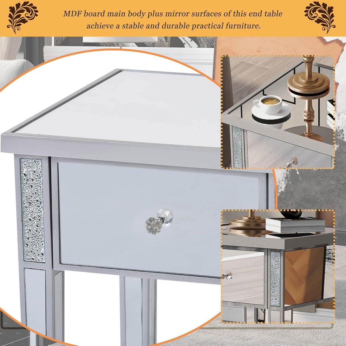 Silver Glass Mirrored End Table with Drawer B939