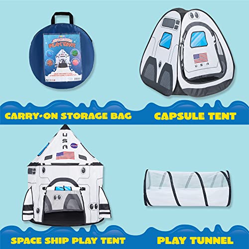 White Rocket Ship Pop up Play Tent with Tunnel and Playhouse Kids Indoor Outdoor Spaceship Tent Set U702861