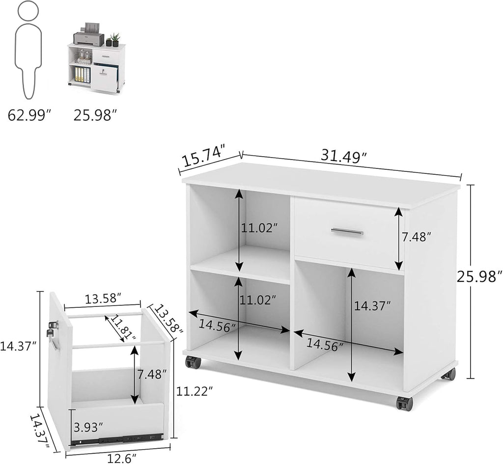 2 Drawer White Mobile File Cabinet with Lock and Shelves F8225