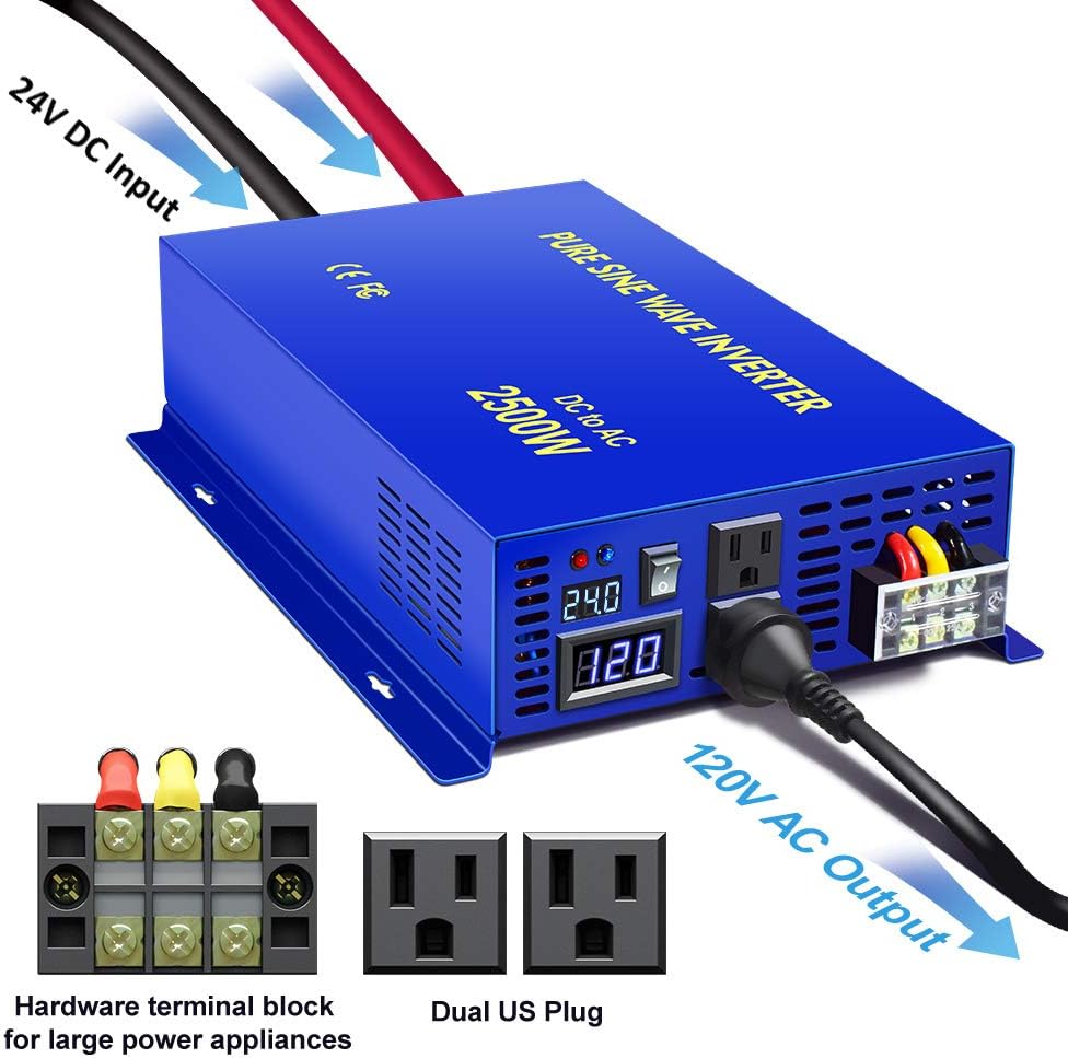 Pure Sine Wave Inverter 24V to 110v 120v 2500 Watt with Dual AC Receptacles G743