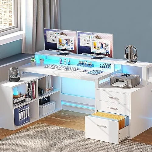 L Shaped Desk with 3 Drawers 65" Corner Computer Desk with Power Outlets & LED Lights White U2418