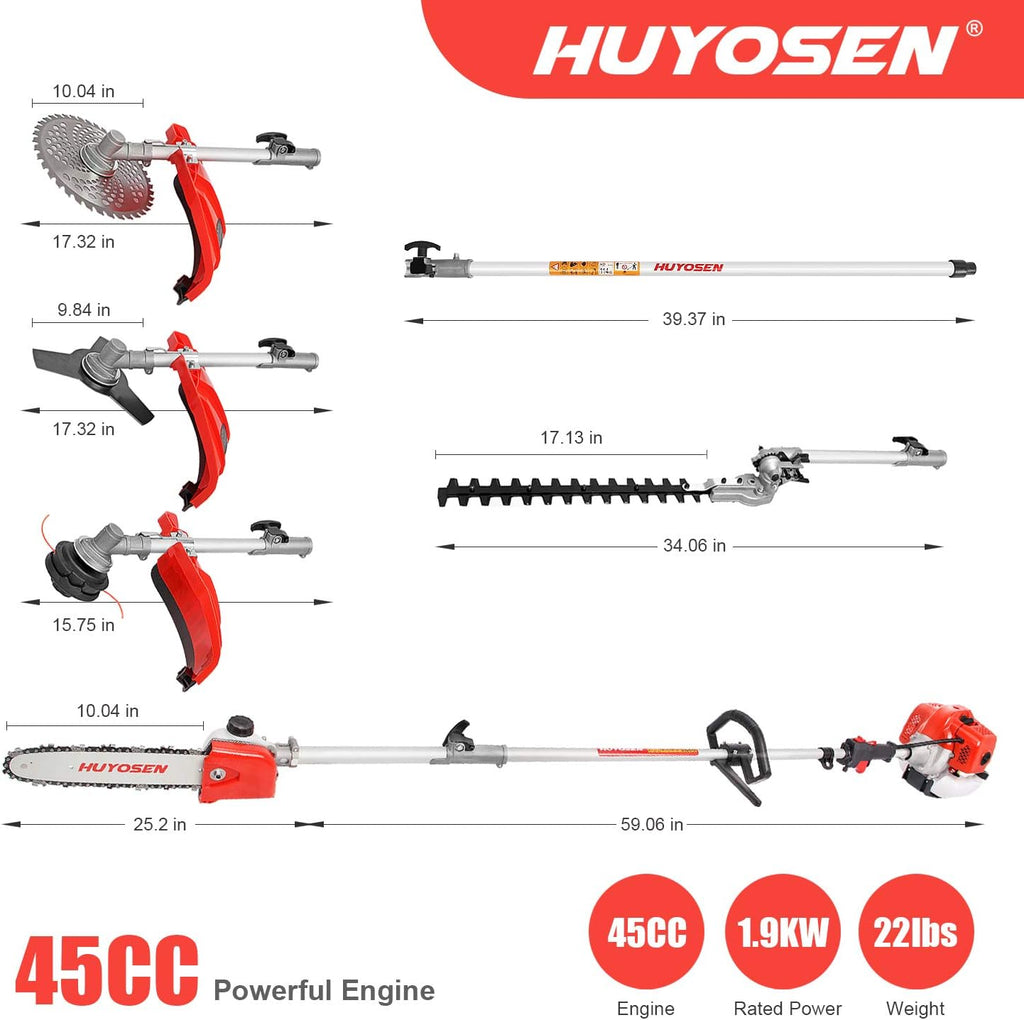 Gas Pole Saw 45CC 2-Cycle 8.2 FT to 11.4 FT Extension 5 in 1 Weeder Eater Hedge Trimmer Chainsaw Brush Cutter 3T Blade O525