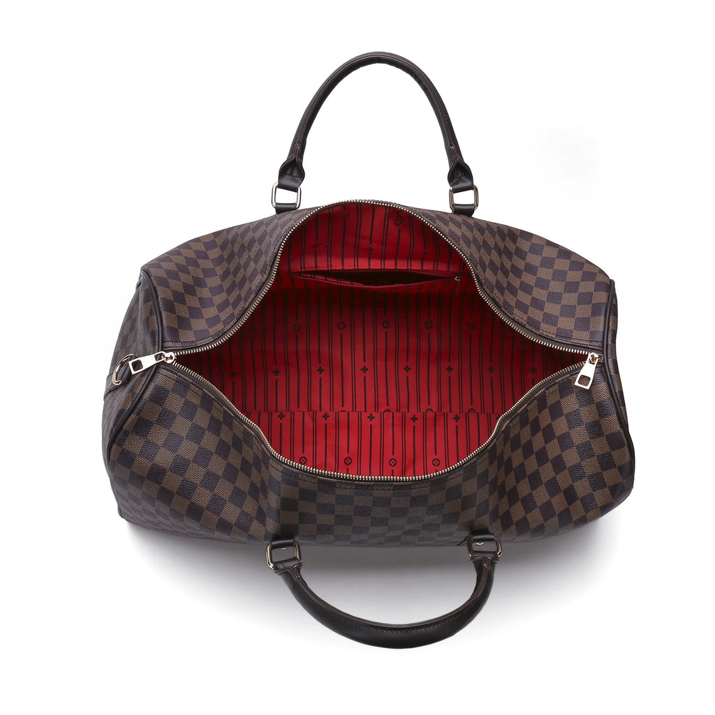 Brown Checkered Travel Duffel Bag Y696520