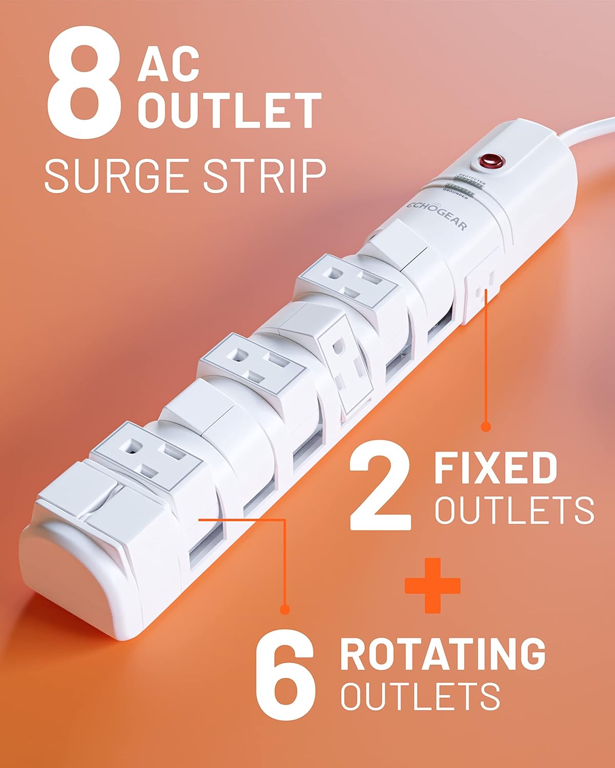 Rotating Outlet Surge Protector 2 Pack with 8 Outlets, Flat Plug, Long Cord, Black V8263