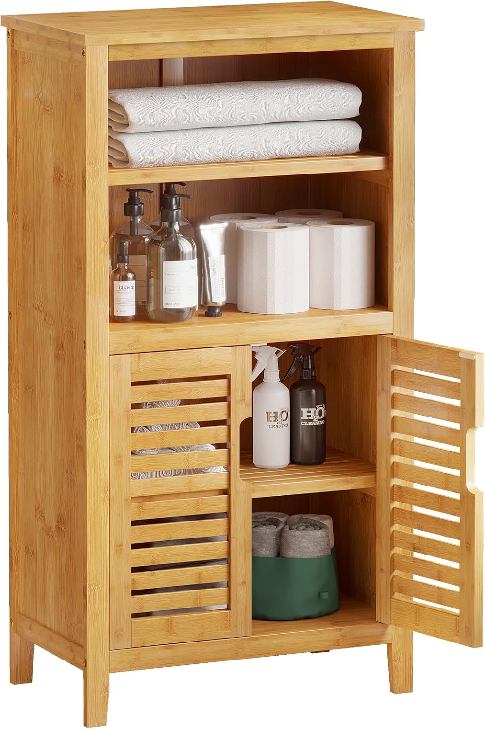 Bamboo Storage Cabinet with Double Doors and Open Shelves E4708