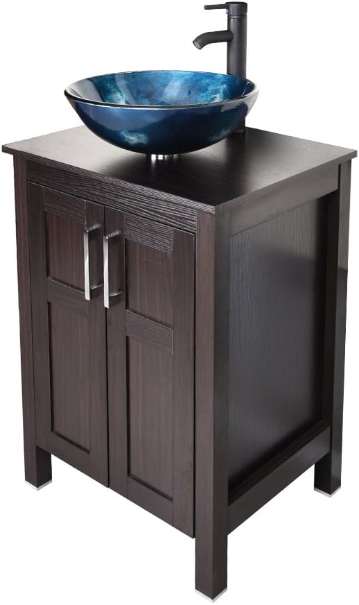 Dark Coffee 24 Inches Single Bathroom Vanity with 2-Door Cabinet and Tempered Glass Sink Top D63213
