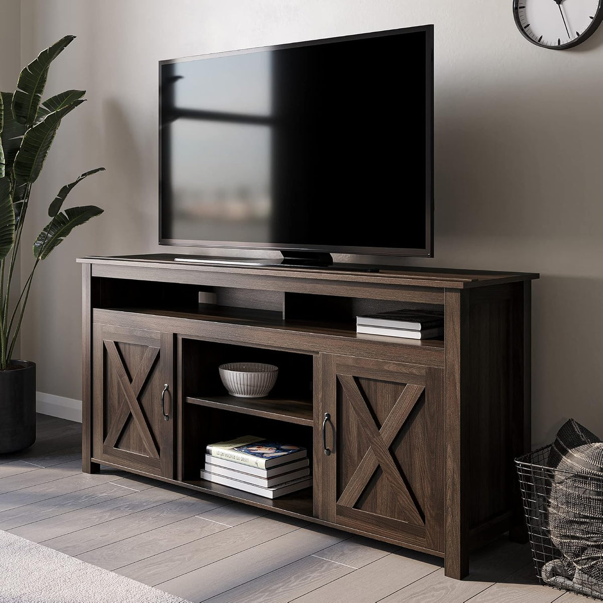 Modern Barn Door Wood Electric Fireplace TV Stand with Two Open Shelves and Cabinets Y69807