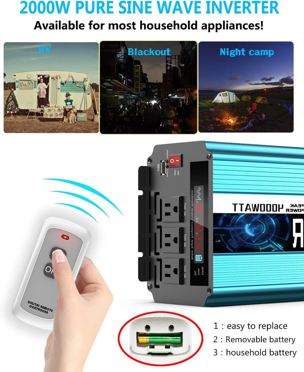 2000W Pure Sine Wave Power Inverter 12V DC to AC 110V/120V Converter with LCD Display G70635