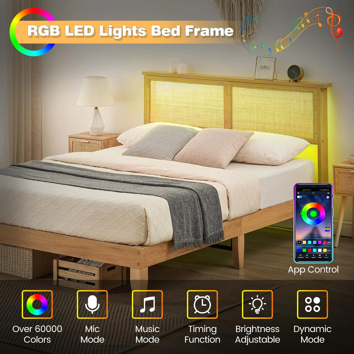 Full Size Platform Bed Frame with Rattan Headboard and Storage P665