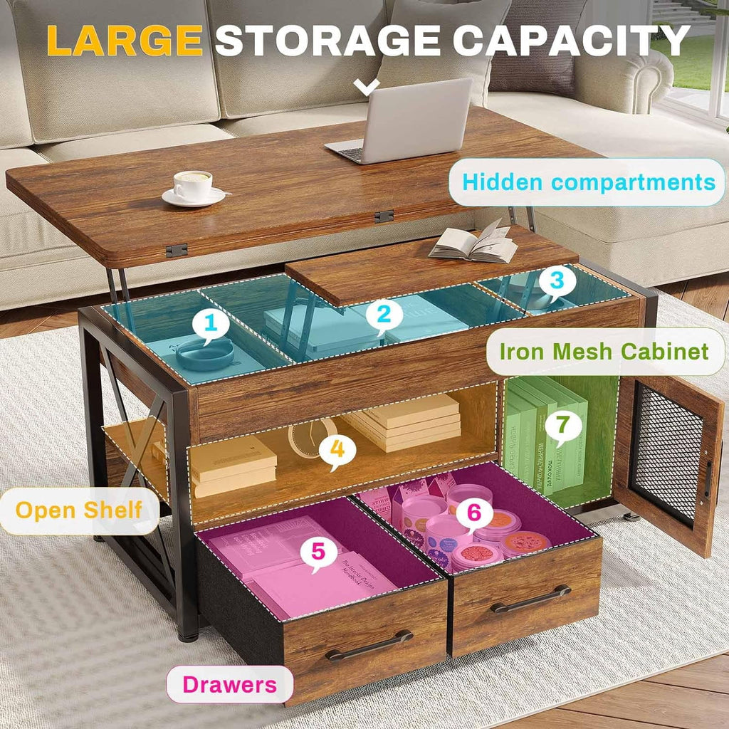 Rustic Brown 40" Lift Top Coffee Table with Storage Cabinet and 2 Fabric Drawers U382