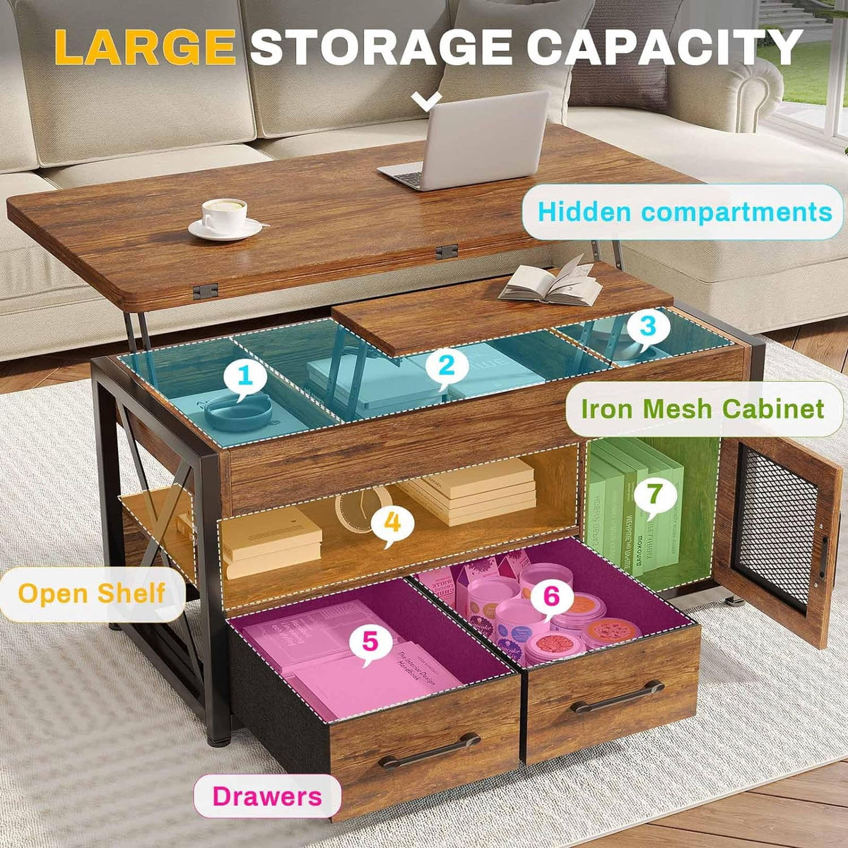 Rustic Brown 40" Lift Top Coffee Table with Storage Cabinet and 2 Fabric Drawers U382