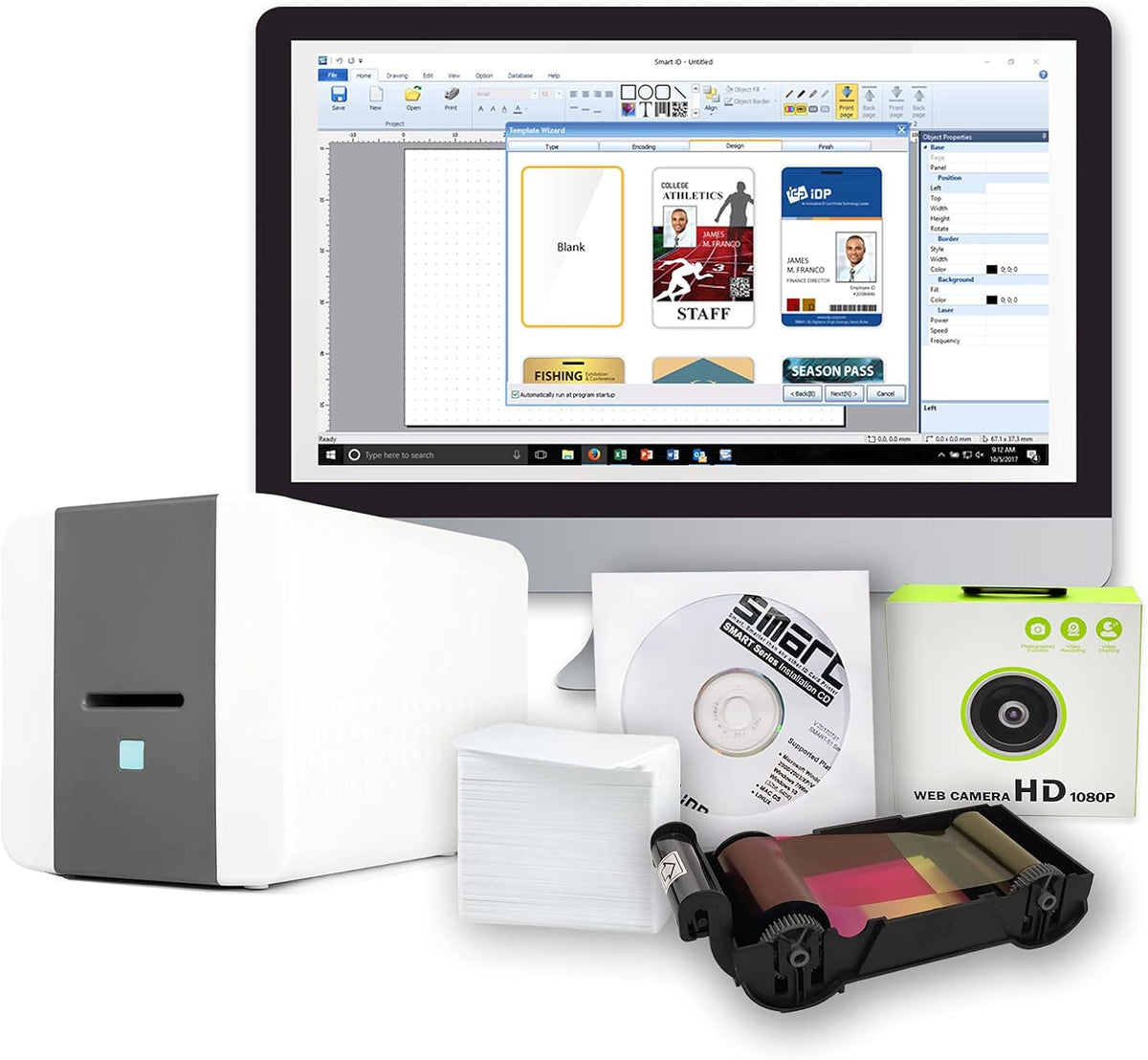ID Card Printer Bundle with YMCKO Ribbon, 100 PVC Cards and USB Camera C71188