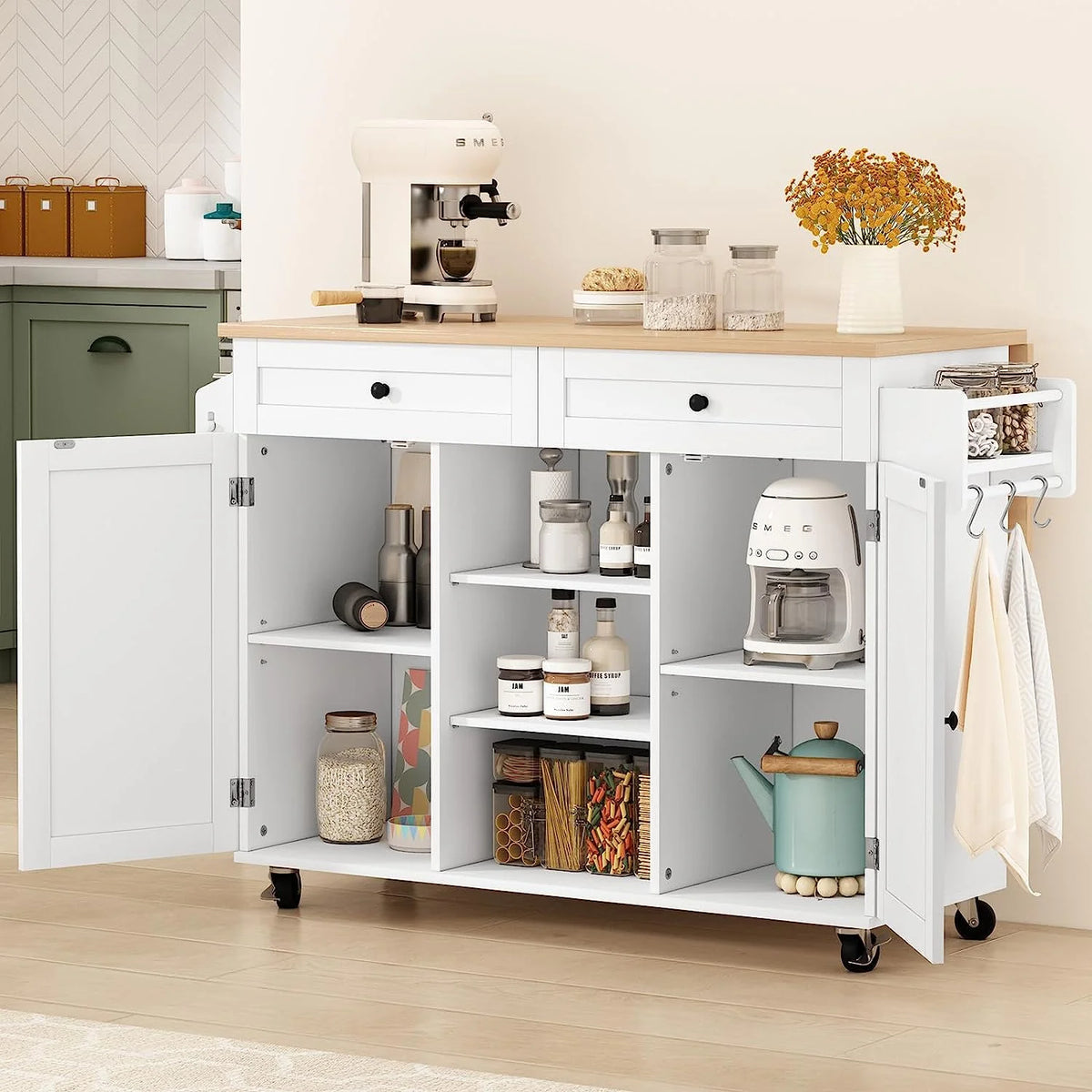 White Kitchen Island with Storage and Drop Leaf I29460