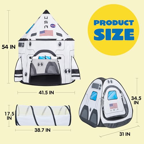 White Rocket Ship Pop up Play Tent with Tunnel and Playhouse Kids Indoor Outdoor Spaceship Tent Set U702861