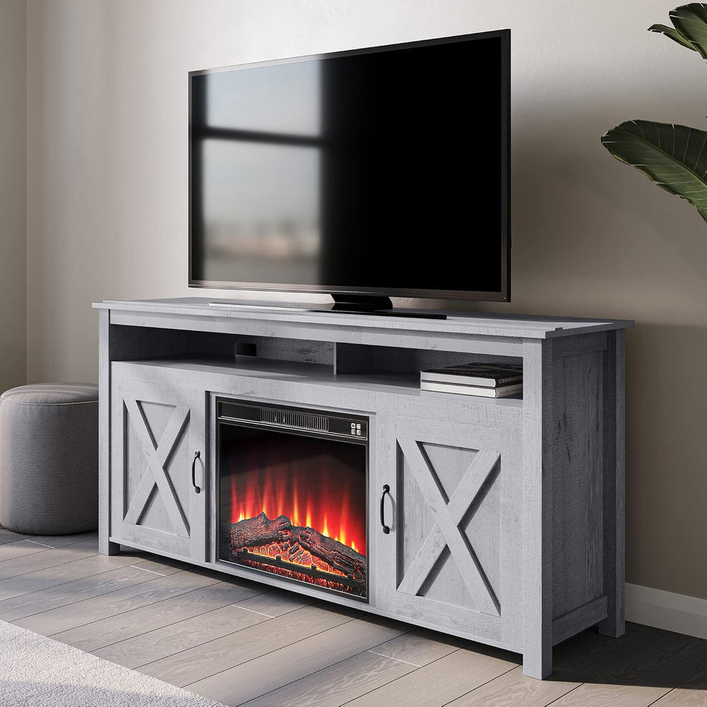 Modern Barn Door Wood Electric Fireplace TV Stand with Two Open Shelves and Cabinets Y69807