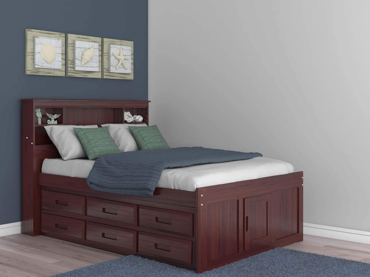 Full Merlot Bookcase Captains Bed with 6 Drawers C62796