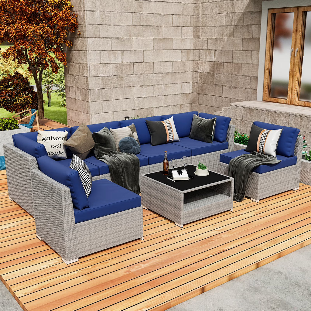 7 Piece Outdoor Wicker Patio Furniture Set with Coffee Table, Dark Blue A4165