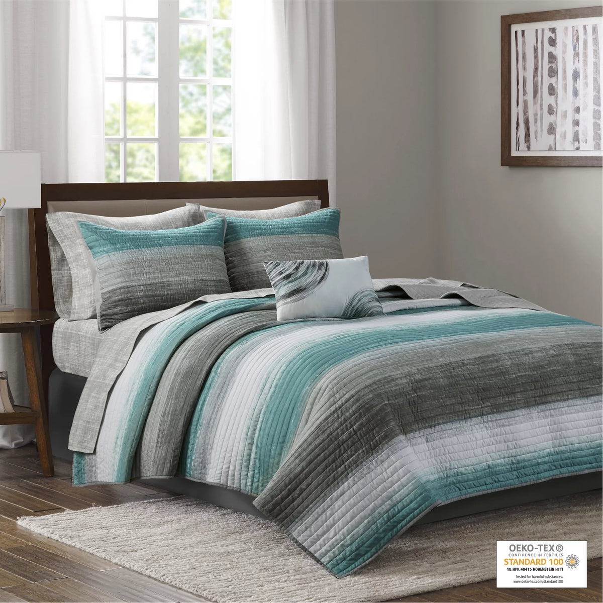Blue Cal King Reversible Coverlet and Cotton Sheet Set O383512
