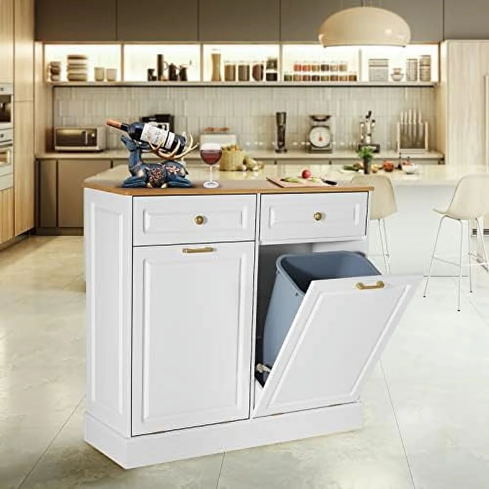 Double Barn Door Style Trash Cabinet with Solid Hideaway Drawer Y297758