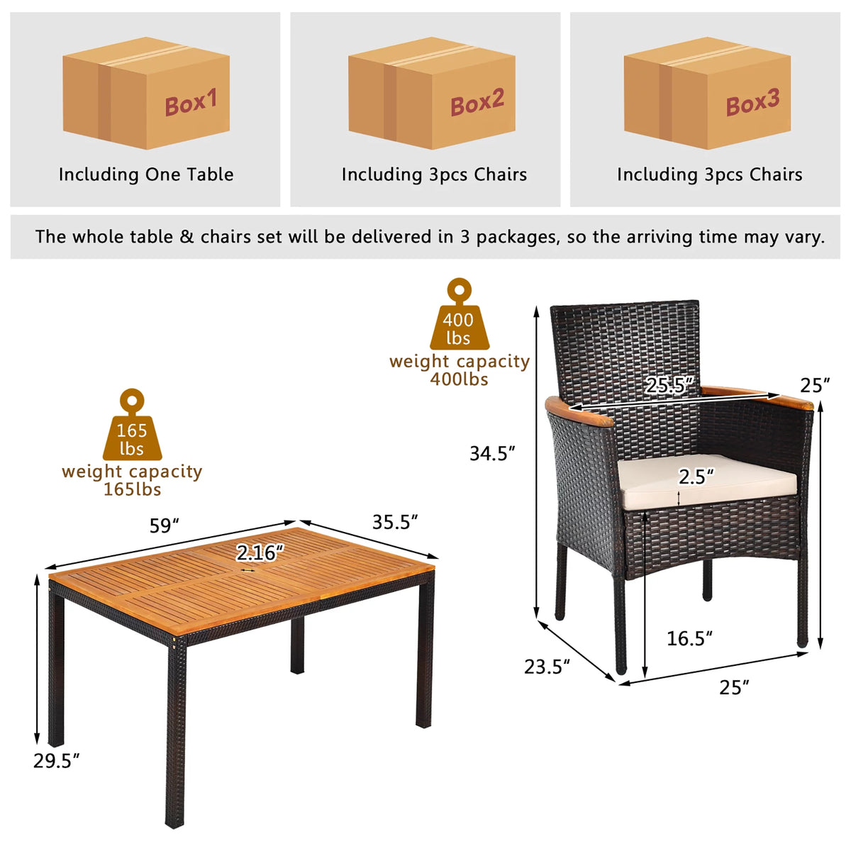 7 Pc Patio Rattan Dining Set Cushioned Chair Wooden Tabletop U7356