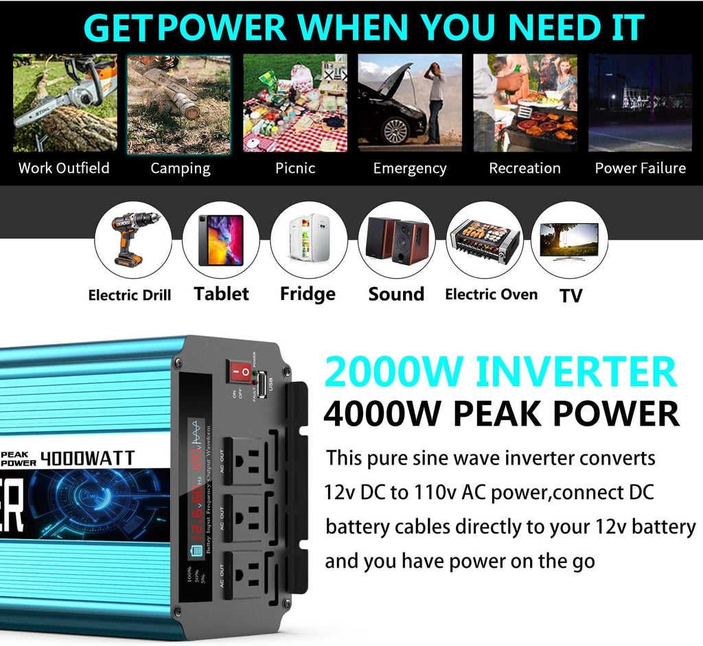 2000W Pure Sine Wave Power Inverter 12V DC to AC 110V/120V Converter with LCD Display G70635
