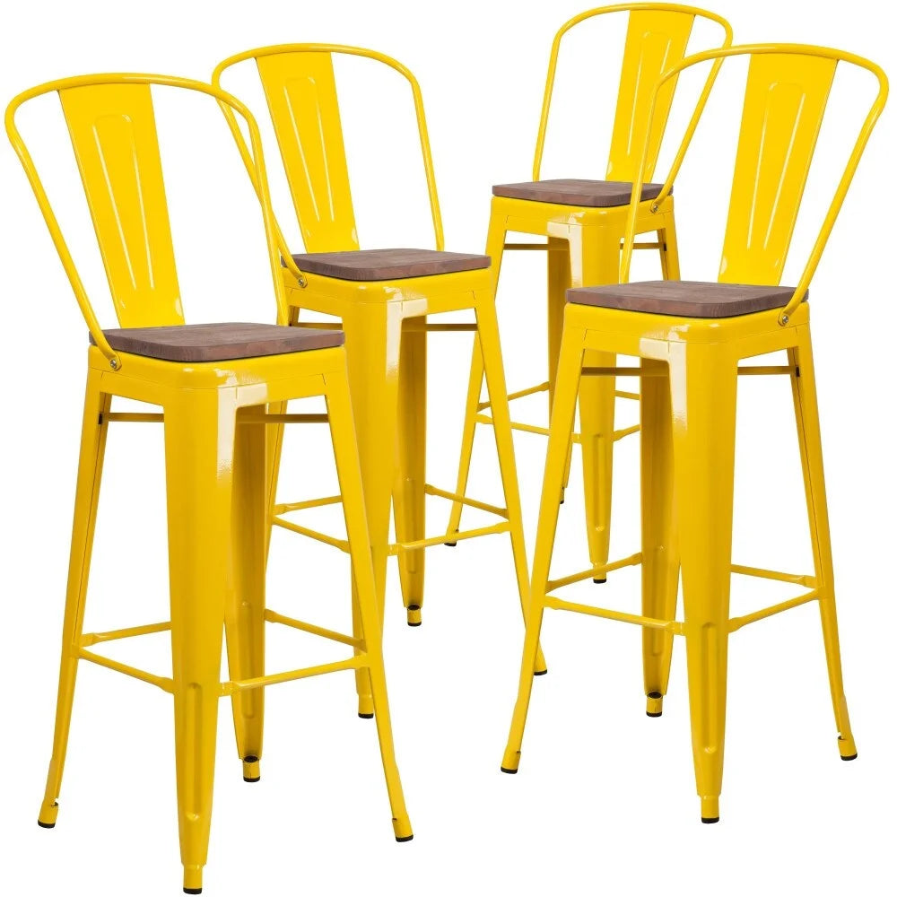 4 Pack 30" High Metal Barstool with Back and Wood Seat Yellow O658482