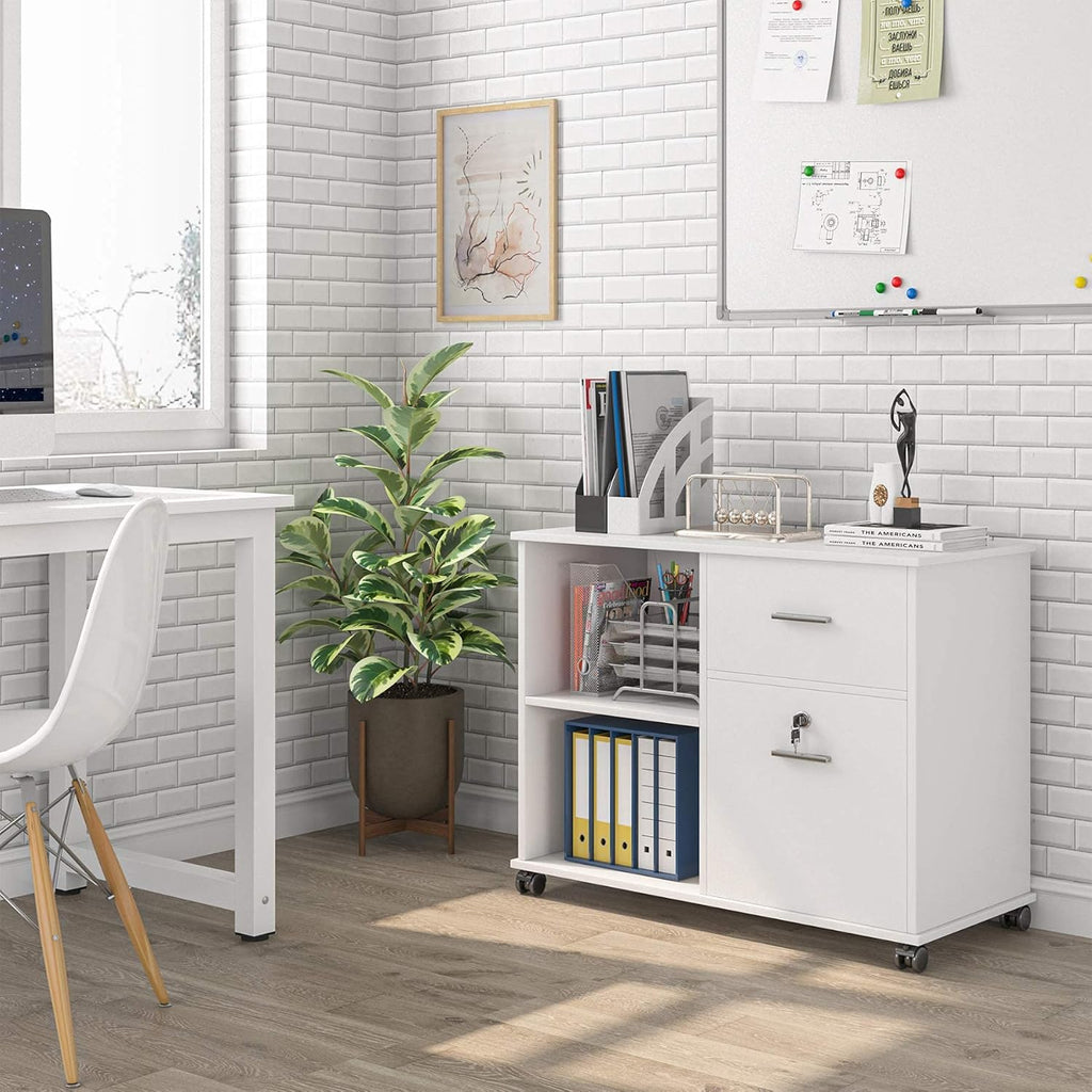 2 Drawer White Mobile File Cabinet with Lock and Shelves F8225