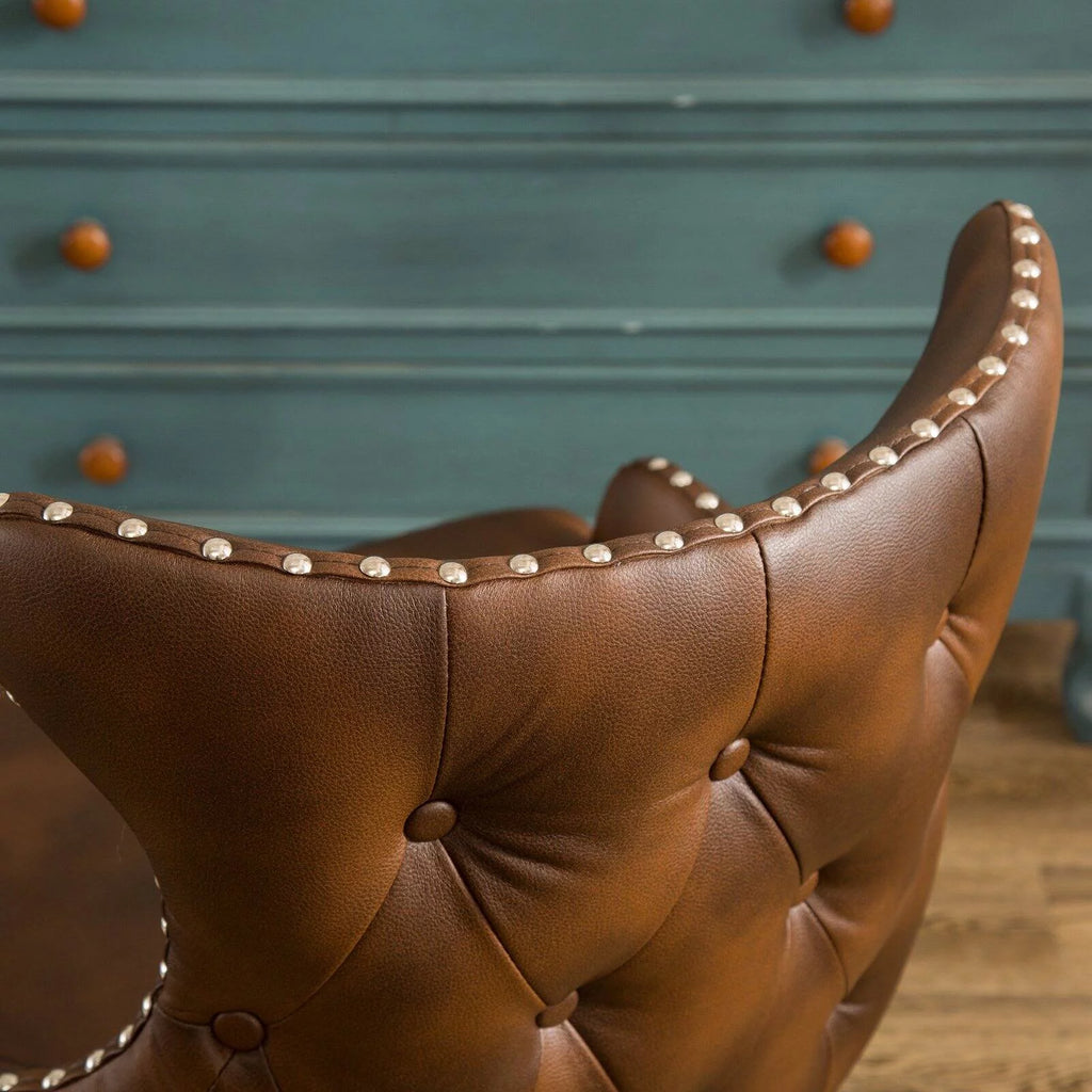 Tufted Button Back Barrel Chair with Nailhead in Brown V2226