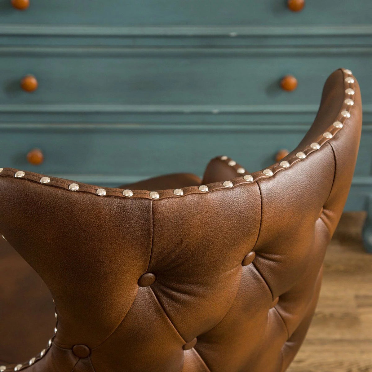 Tufted Button Back Barrel Chair with Nailhead in Brown V2226