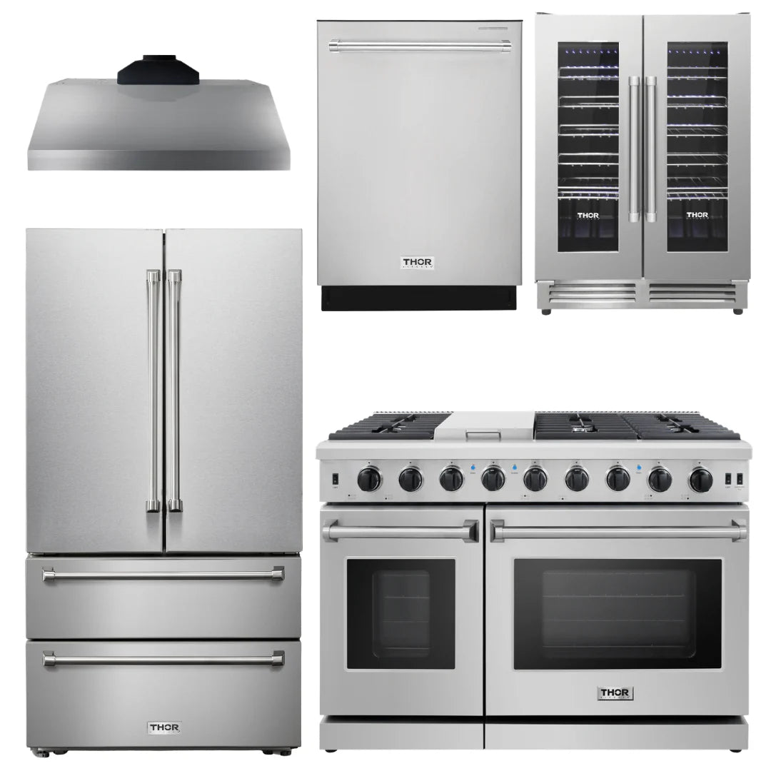 48 In. Natural Gas Range, Range Hood, Refrigerator, Dishwasher, Wine Cooler S2901