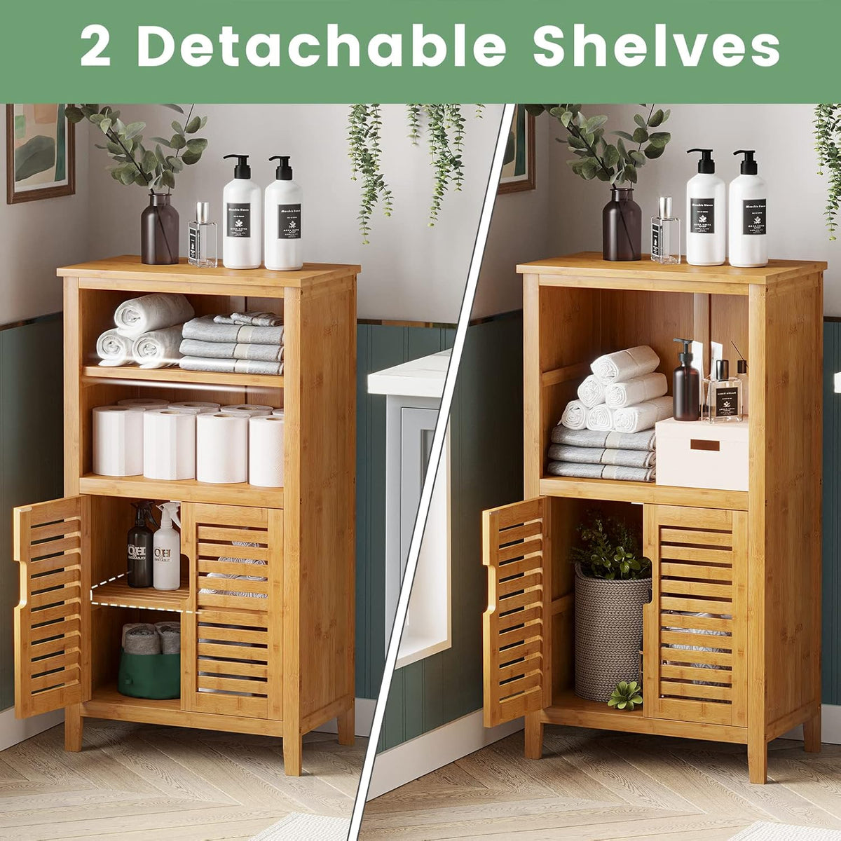 Bamboo Storage Cabinet with Double Doors and Open Shelves E4708