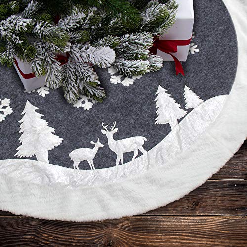 White Fur Christmas Tree Skirt with Deer and Snowflake Pattern 36 inches V9970