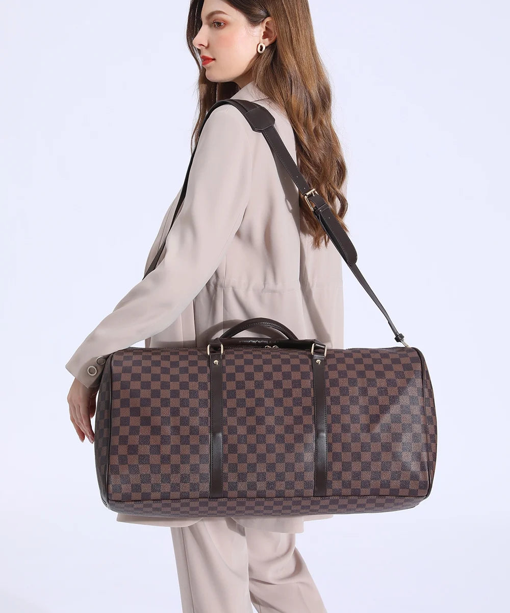 Brown Checkered Travel Duffel Bag Y696520