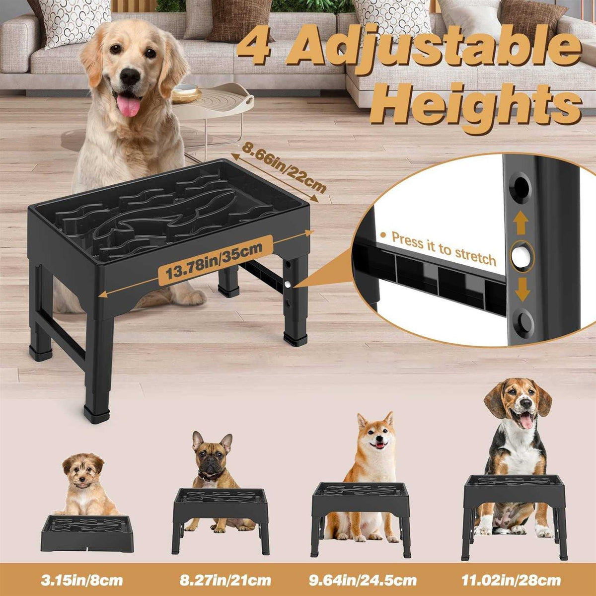 9 Cups Raised Slow Feeder Dog Bowls with 4 Adjustable Heights L374