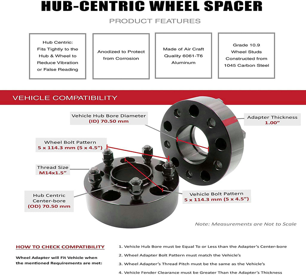 Wheel Adapters 5x4.50 to 5x4.50 Hub Centric 70.50mm Billet Aluminum 1" Thick Set of 2 Z650540