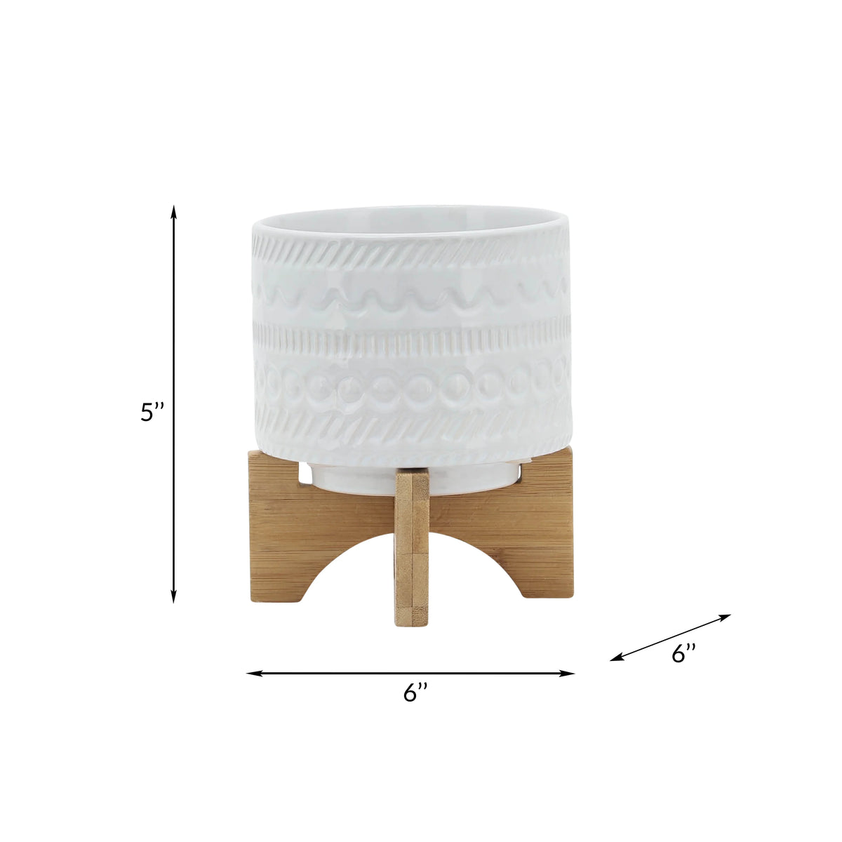 White Ceramic Round Planter with Wood Stand R39906