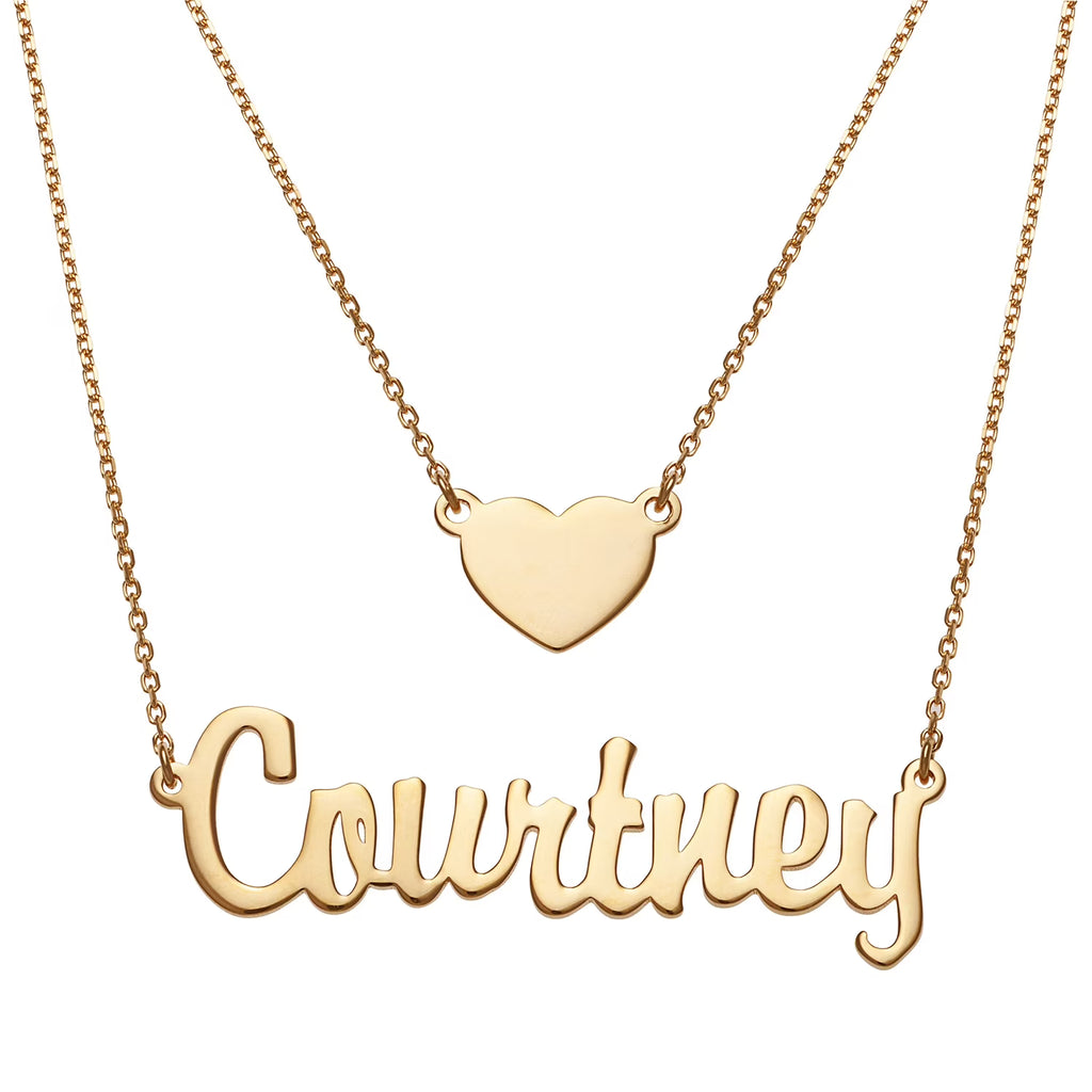 Sterling Silver Script Nameplate and Heart Layered Double Necklace C292675
